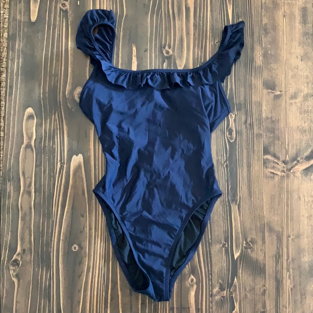J Crew BLUE Ruffled scoopback swimsuit 2